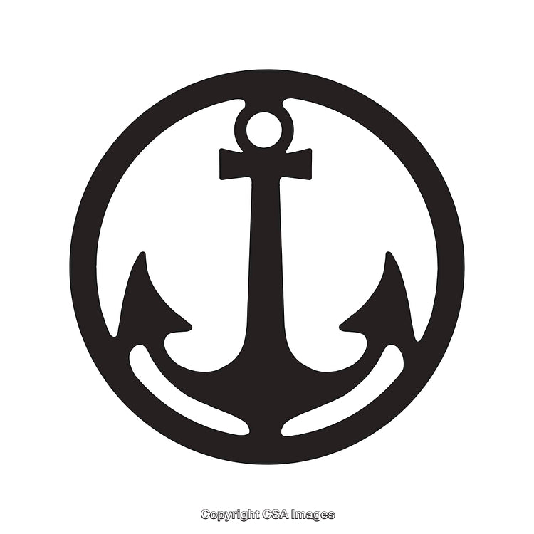 Black and White Outline of Anchor Inside Circular Frame Symbol Art