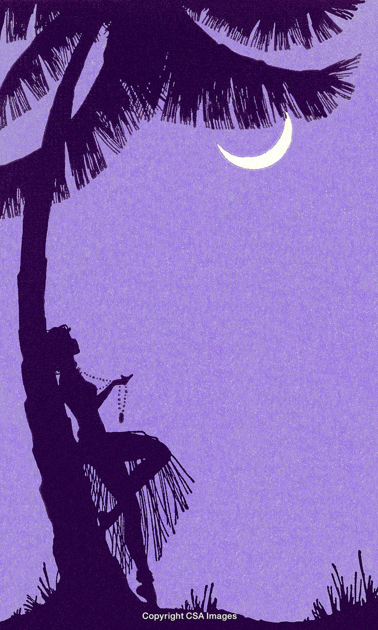 Silhouette of a Tropical Dancer Under a Crescent Moon Outdoors