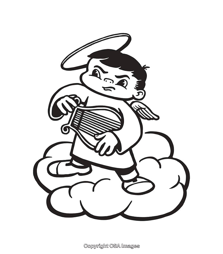 Playful Angel with Harp in Whimsical Black and White Line Art