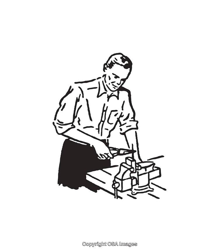 Black and White Line Art of Man Working in Workshop Setting