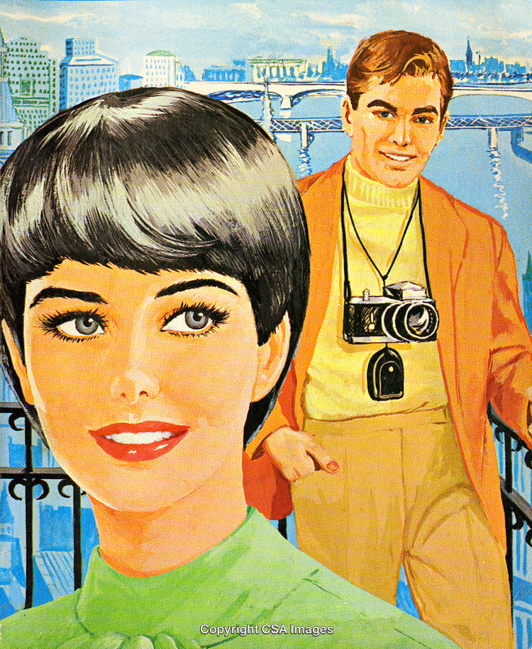 Vintage Styled Artwork Depicting a Couple with a Scenic Backdrop
