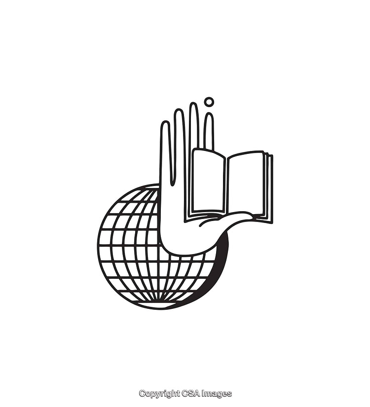 Black and White Line Art of a Globe with Hand and Book