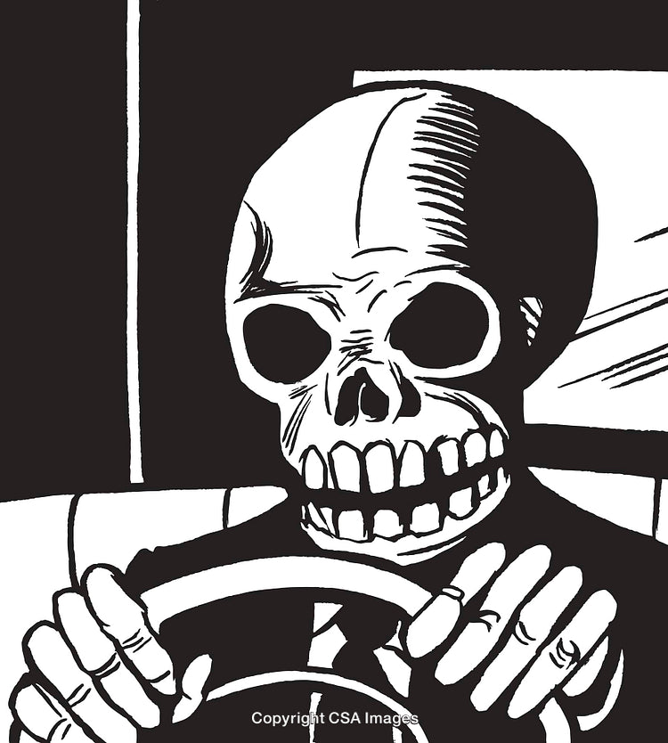 Monochrome Skeleton Figure Driving a Vehicle in Retro Comic Style Illustration
