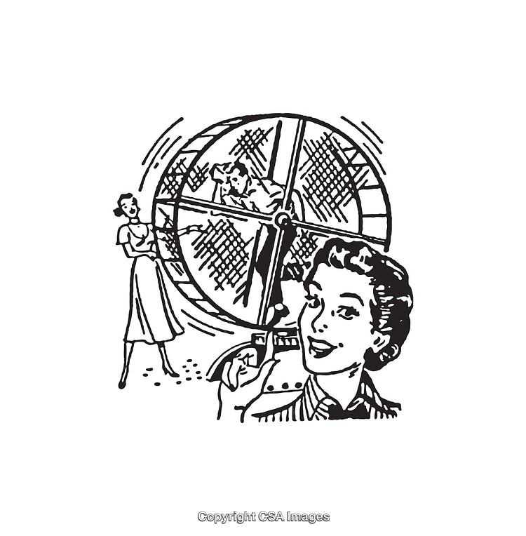 Retro Black and White Line Art Illustrating a Humorous Hamster Wheel Scene