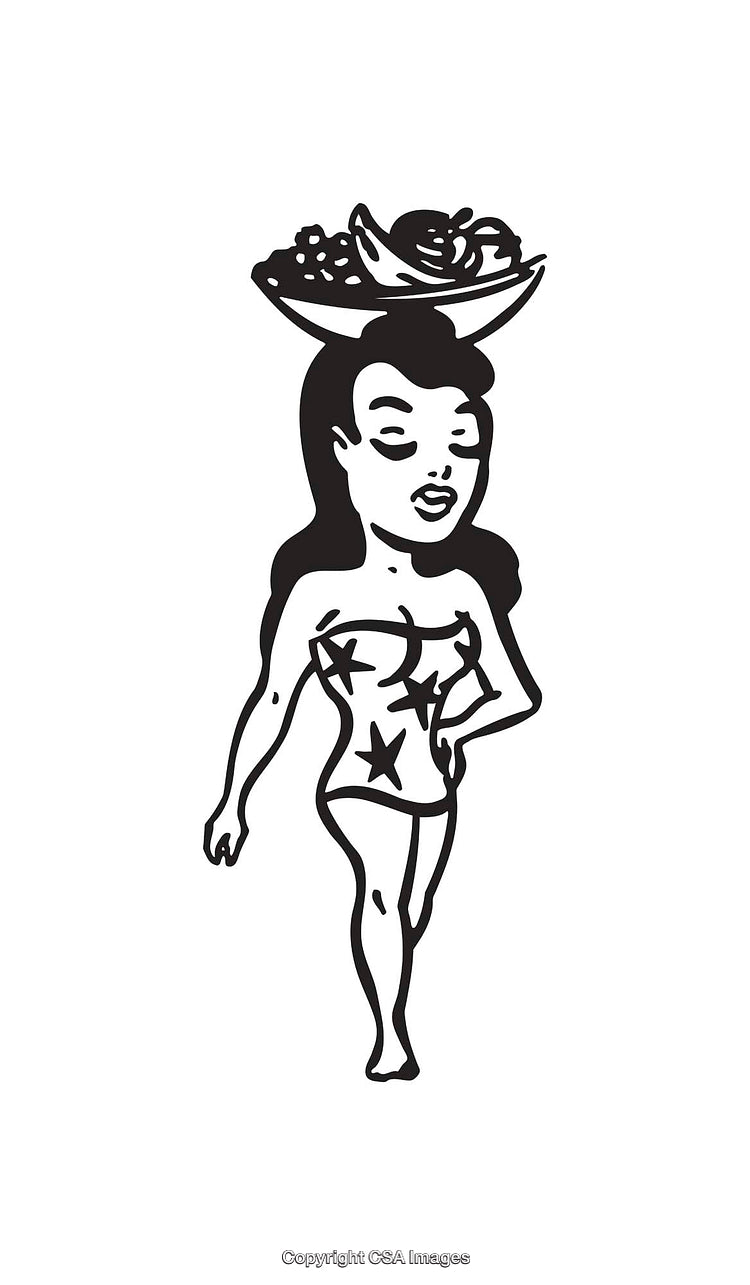 Illustration of Woman with Starred Attire and Fruit Basket in Line Art