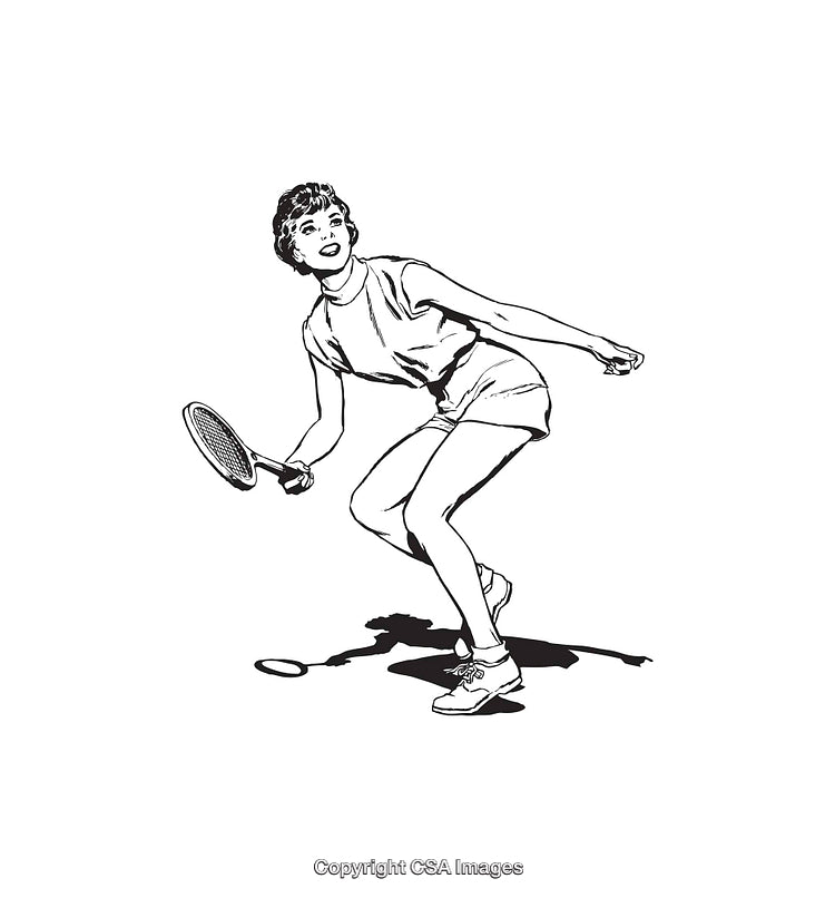 Vintage Line Art Illustration of a Woman Playing Tennis with Enthusiasm