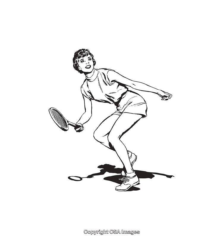 Vintage Line Art Illustration of a Woman Playing Tennis with Enthusiasm