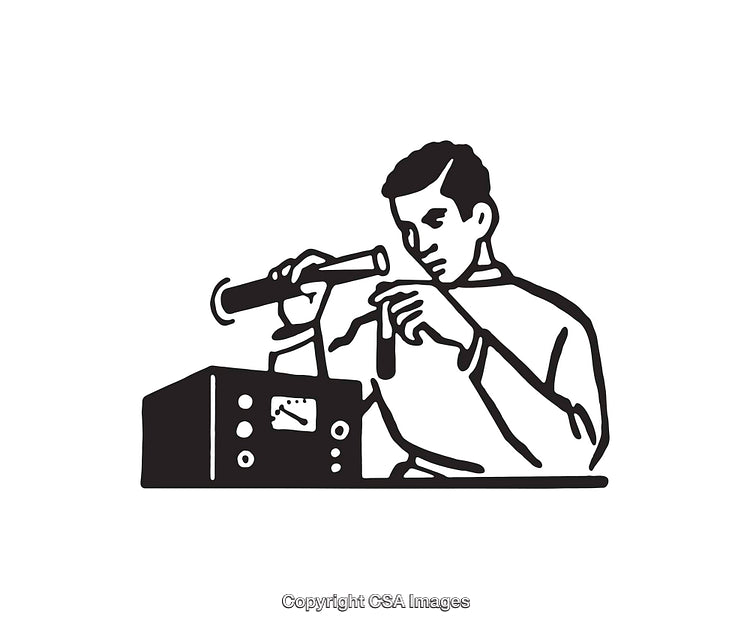 Black and White Illustration of a Scientist Conducting Experiments in a Laboratory