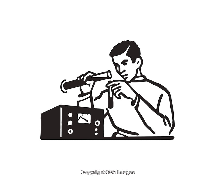 Black and White Illustration of a Scientist Conducting Experiments in a Laboratory