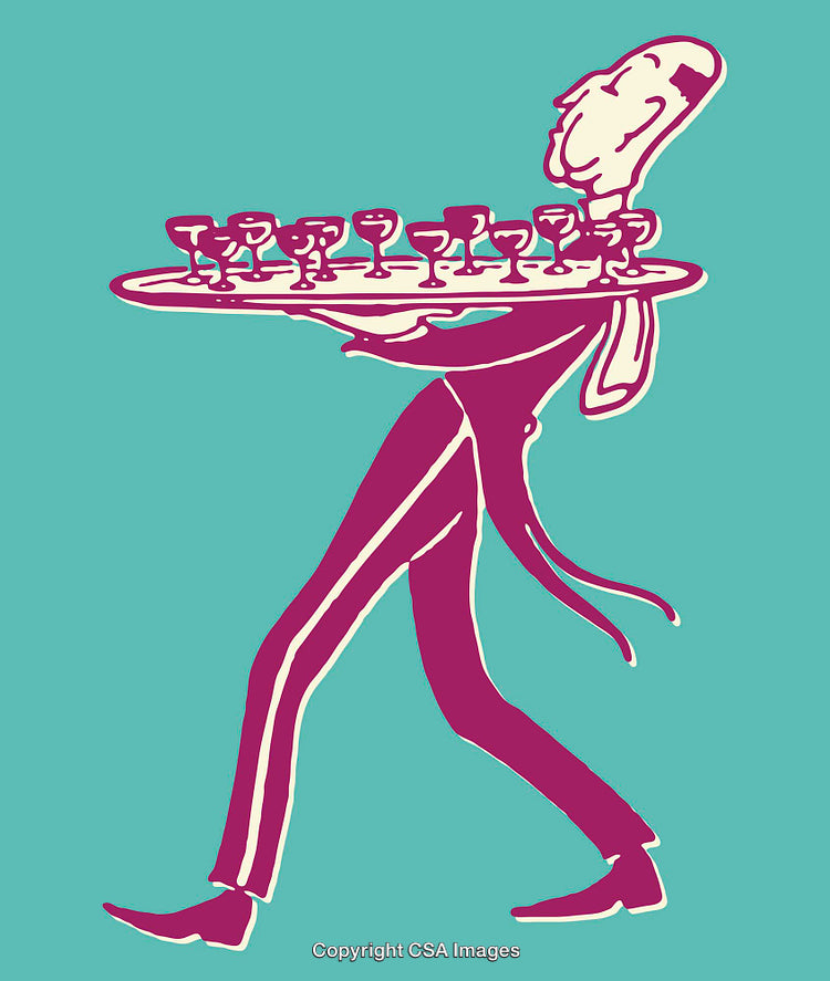 Vintage Illustration of a Waiter Carrying a Tray of Glasses
