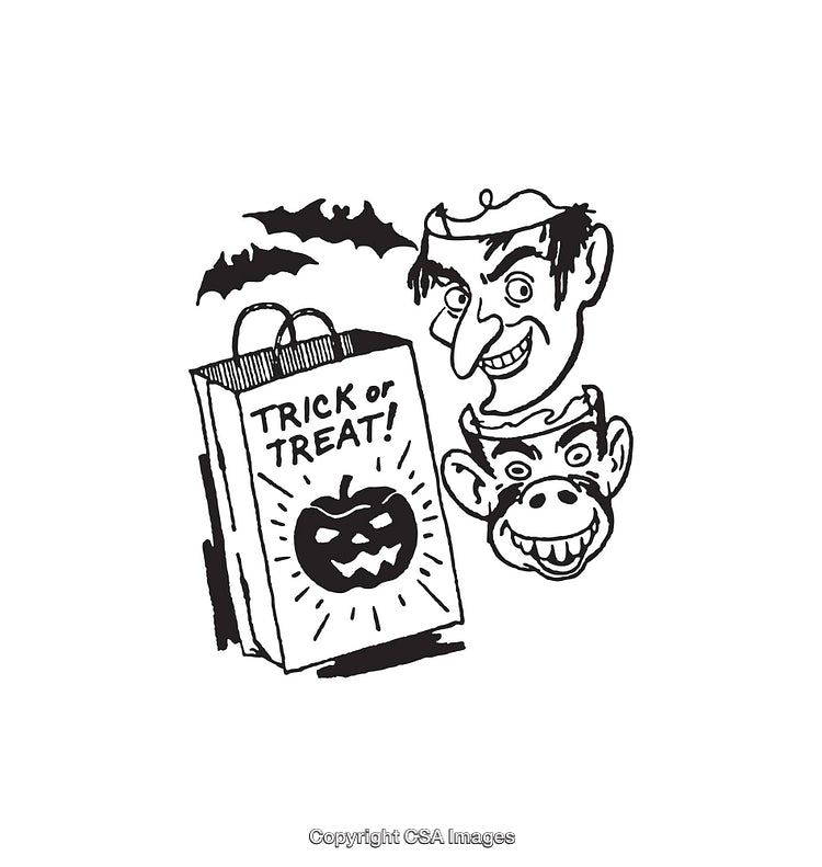 Vintage Line Art Illustration of Halloween Trick or Treat Scene