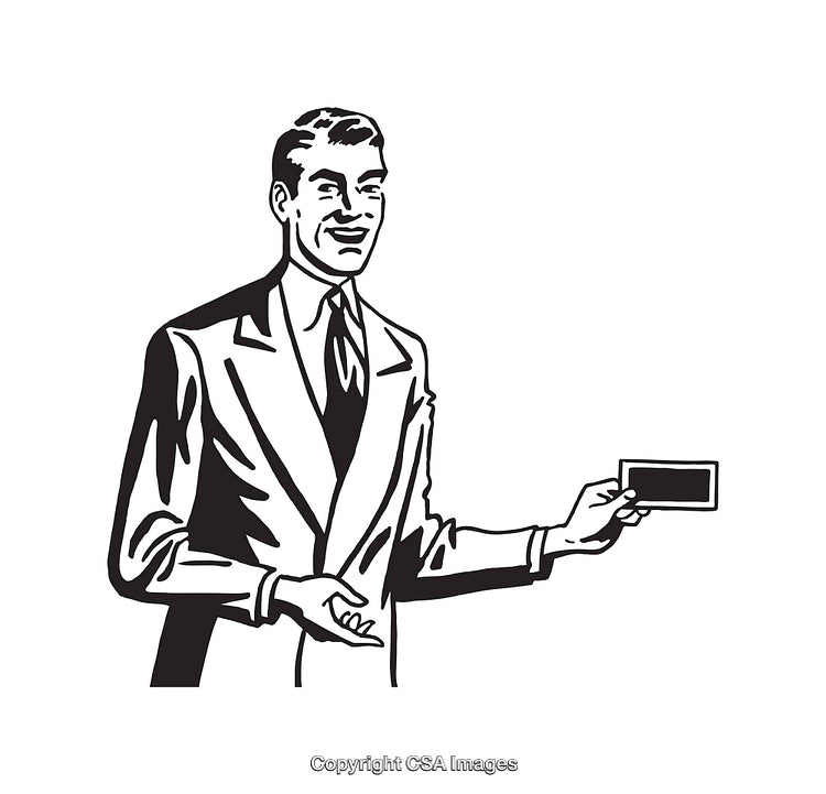 Black and White Illustration of a Smiling Man Holding a Business Card