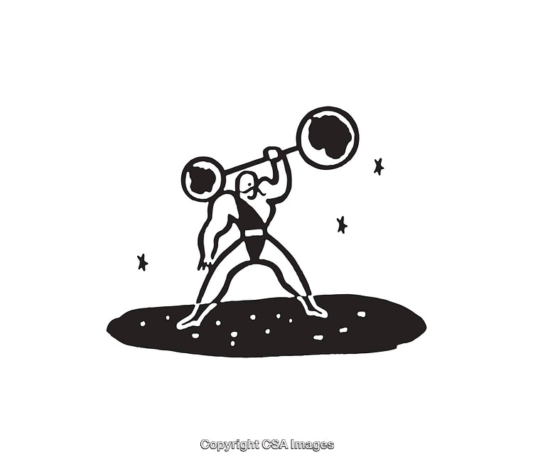 Black and White Illustration of a Strongman Lifting Weights with Stars
