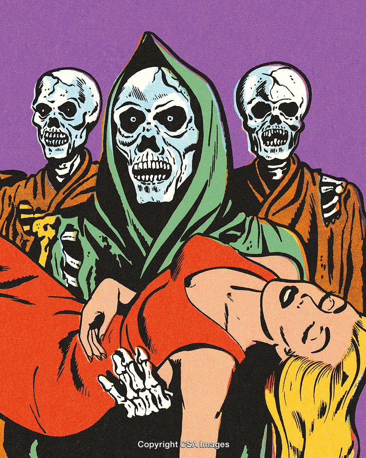 Comic Style Illustration of Skeleton Figures and Heroine in Dramatic Scene