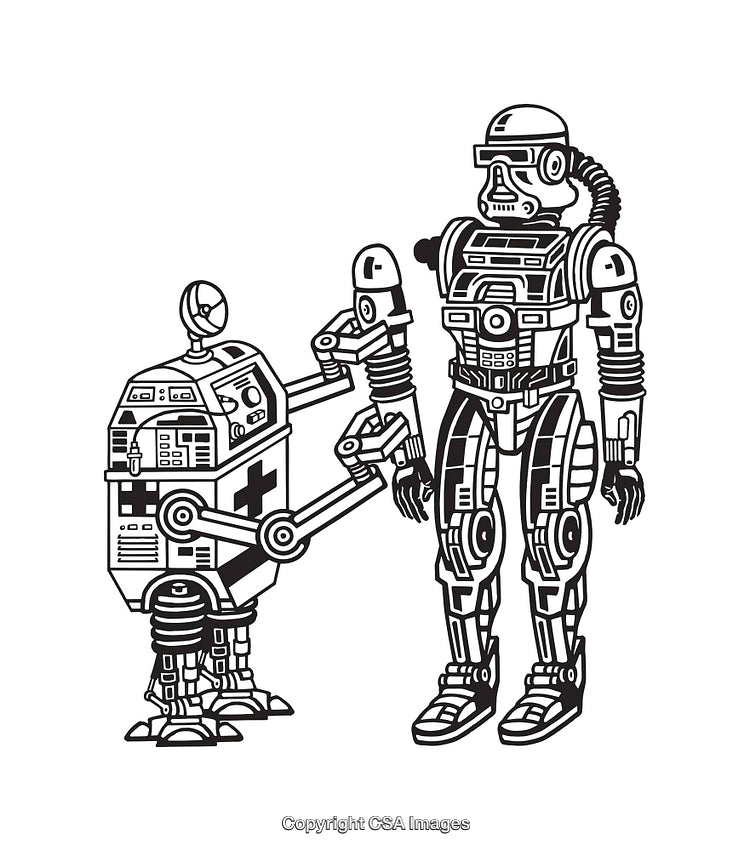 Black and White Line Art of Two Robots Interacting Together