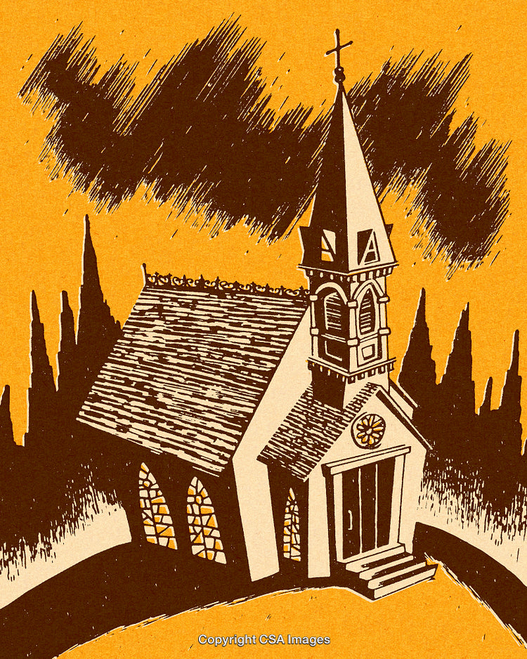 Illustrated Vintage Church with Dramatic Sky in Yellow and Black Tones