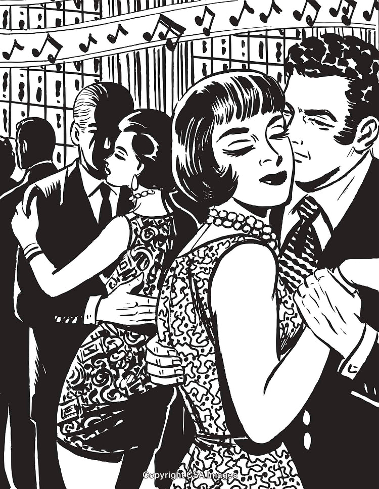 Elegant Black-And-White Dance Scene with Couples in Close Embrace