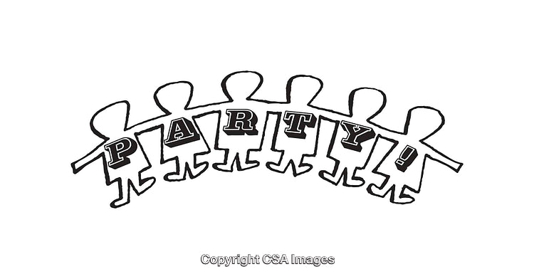 Line Art Illustration of Figures Holding Hands Forming the Word Party