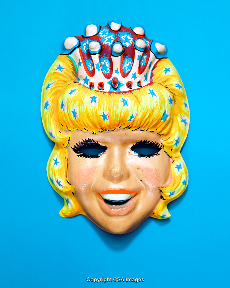 Colorful Plastic Queen Mask With Blue Patterned Background