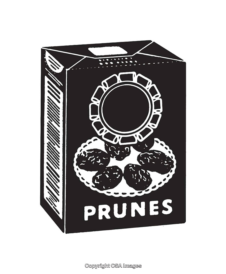Black and White Vintage Illustration of a Prune Packaging Design