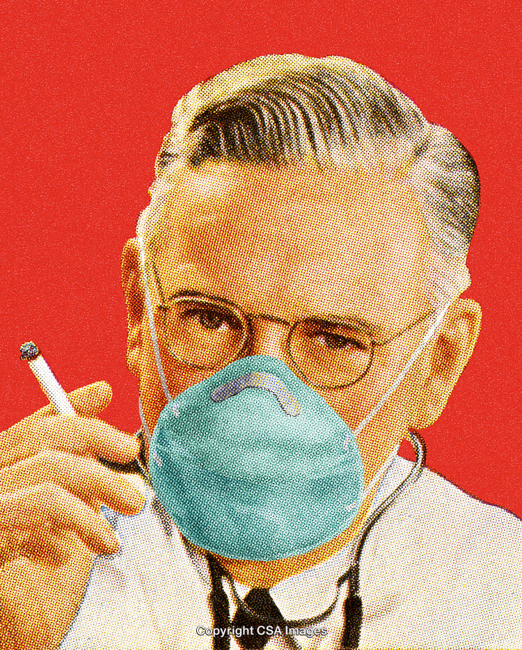 Retro Styled Doctor Wearing Mask and Holding Cigarette on Red Background