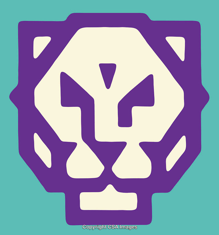 Purple Lion Head Logo on a Turquoise Background in Bold Line Art Style
