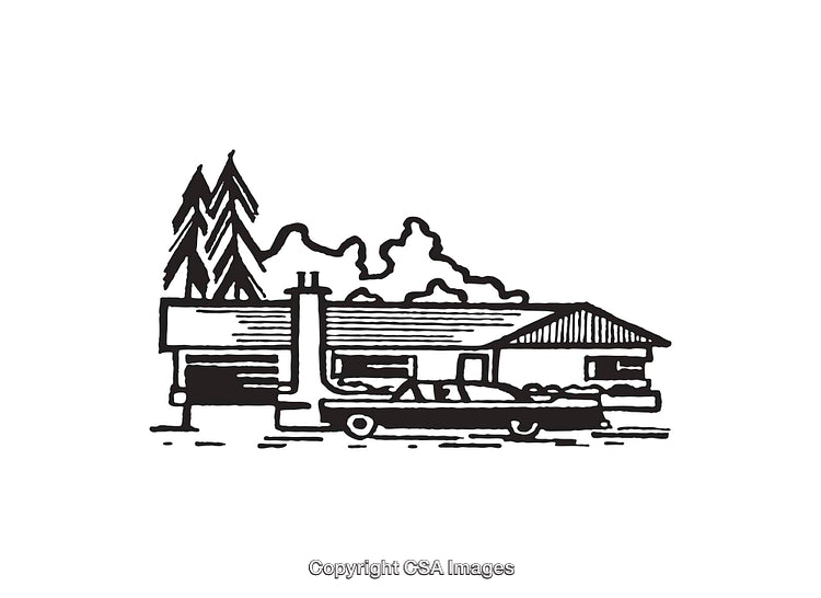 Hand Drawn Illustration of a Mid-Century Modern House With Trees