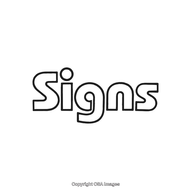 Simple Black Outline Text Spelling the Word Signs on White Background