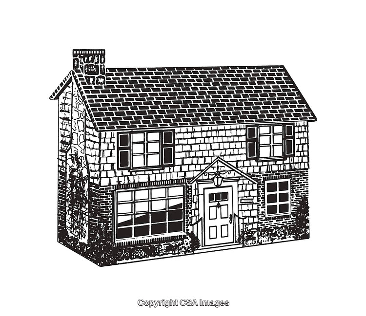 Detailed Black and White Line Art of a Retro Style House Illustration