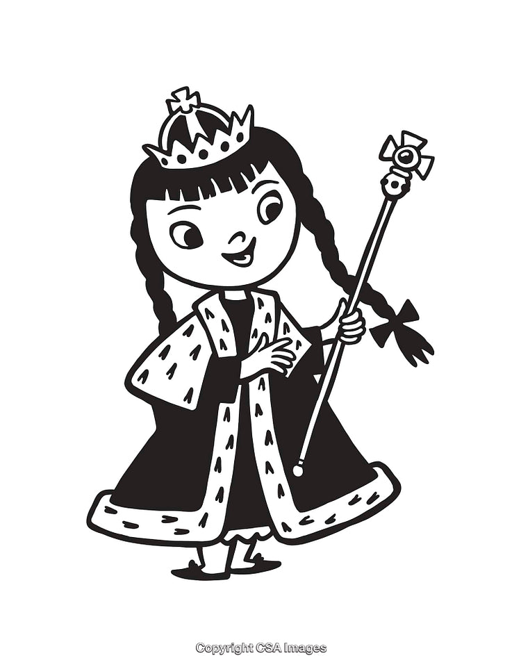 Black And White Illustration of a Young Princess Holding a Royal Scepter