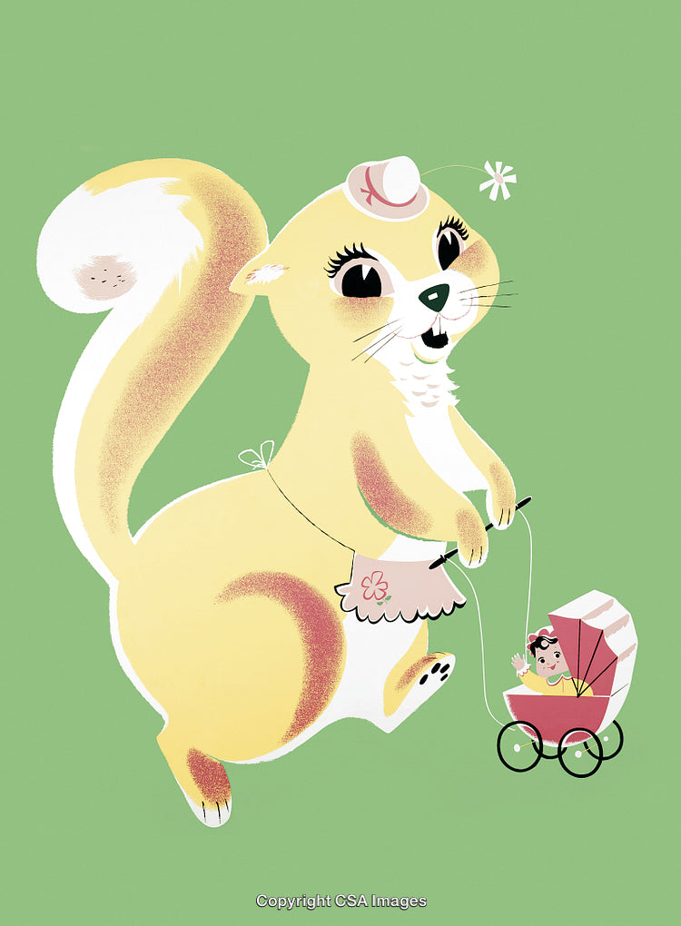 Cheerful Cartoon Squirrel Pushing Stroller on Green Background