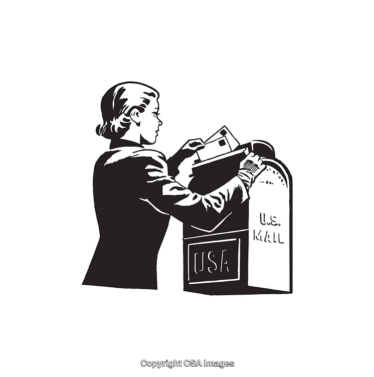 Vintage Illustration of Woman Mailing Letters at a US Mailbox