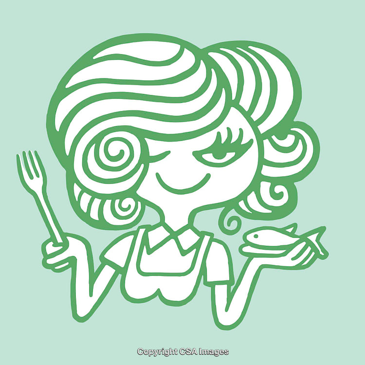 Playful Line Art Illustration of a Content Woman Holding a Fork and Fish