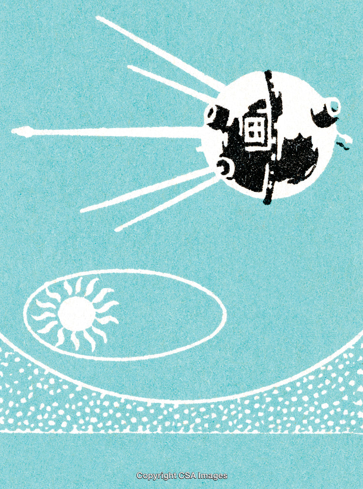 Retro Illustration of a Space Satellite and Celestial Orbit Scene