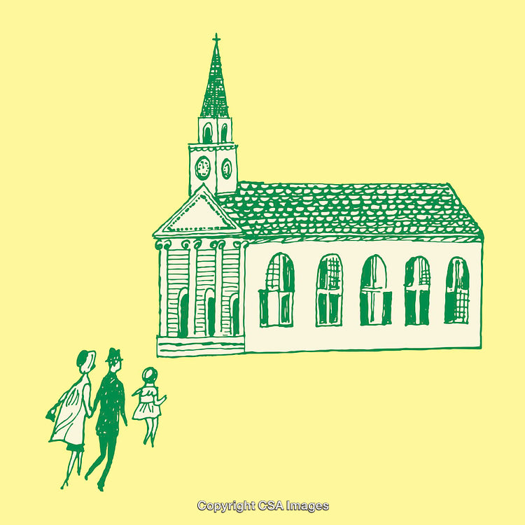 Illustration of a Church Building With Family on a Sunny Day