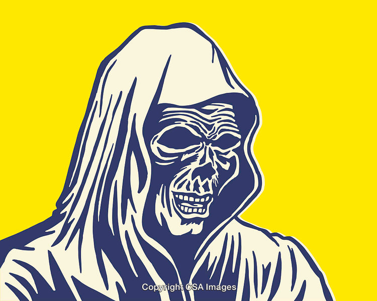 Grim Reaper Illustration with Yellow Background in Bold Line Art Style