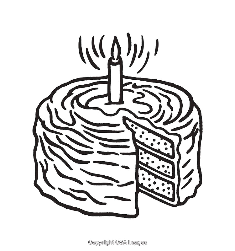 Black And White Illustration of a Birthday Cake with Slice and Candle