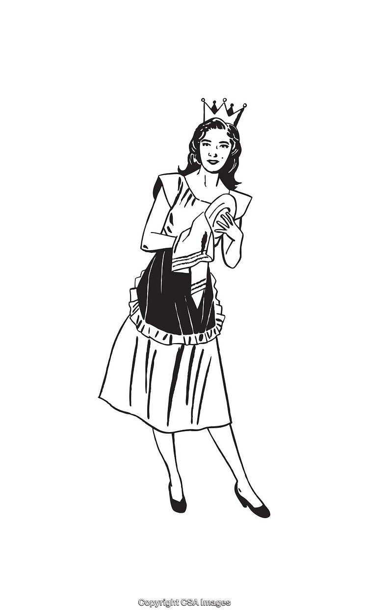 Illustration of a Retro Woman in a Crown Holding a Cleaning Cloth