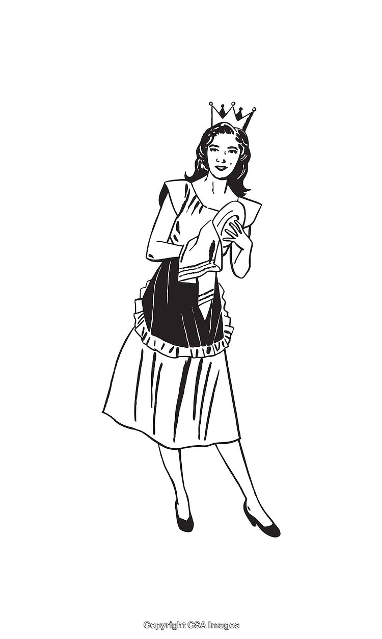 Illustration of a Retro Woman in a Crown Holding a Cleaning Cloth