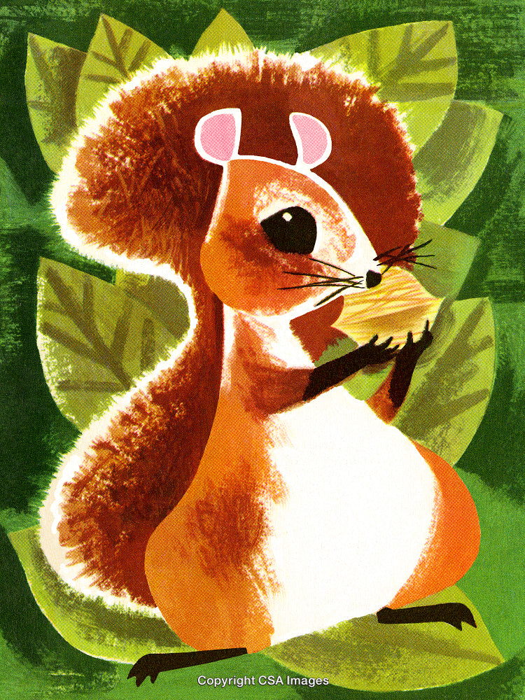Illustrative Squirrel Eating Nut Among Green Leaves in a Forest Scene