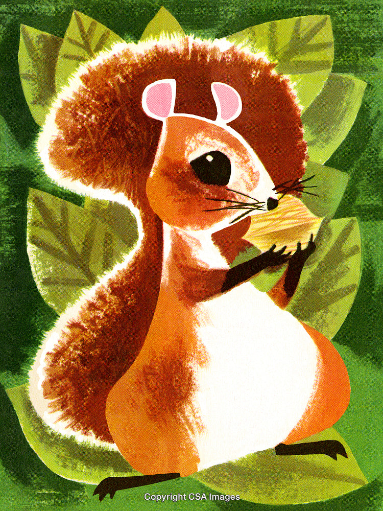 Illustrative Squirrel Eating Nut Among Green Leaves in a Forest Scene