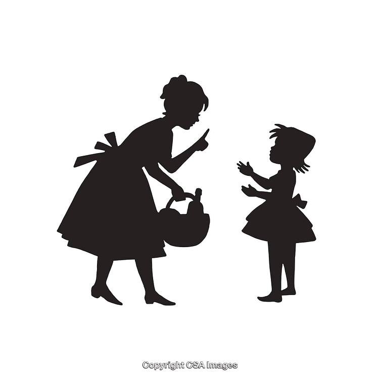Black and White Retro Silhouette of Woman Scolding Child with Basket