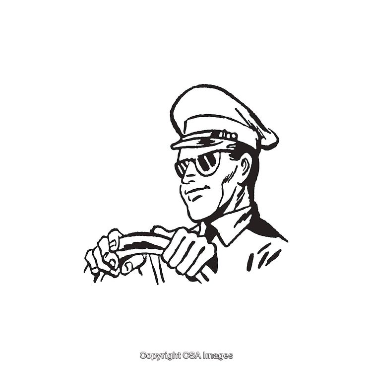 Black and White Illustration of a Driver in Uniform at the Wheel
