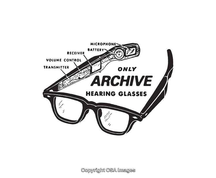 Black and White Illustration of Innovative Hearing Glasses Design Diagram