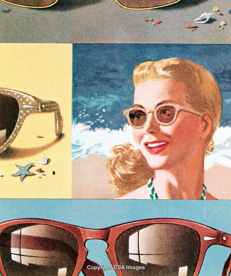 Vintage Style Woman In Sunglasses By A Beach Scene Illustration