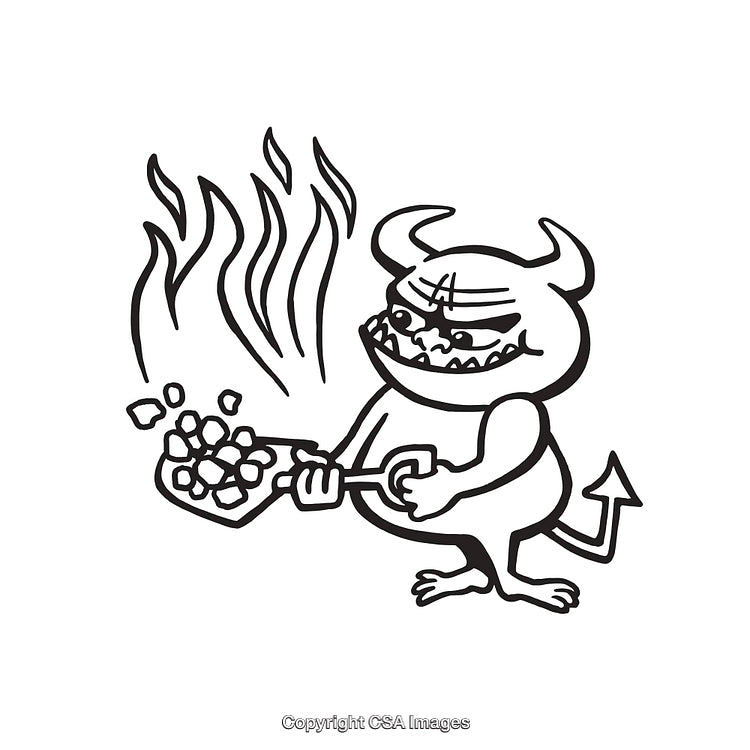Black and White Illustration of a Devil Shoveling Coals Into Fire