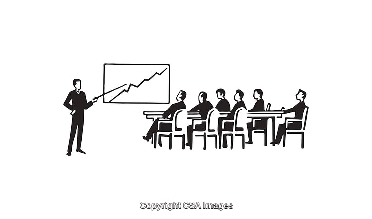 Team Presentation with Graph in Black and White Line Art Illustration