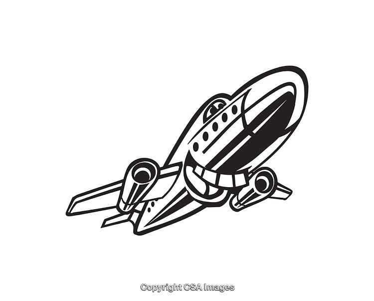 Black and White Line Art Illustration of a Passenger Airplane in Flight