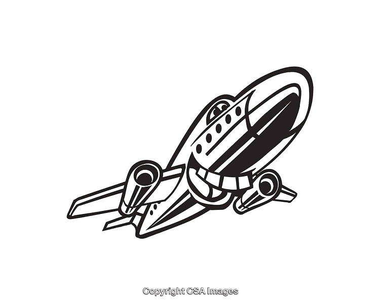 Black and White Line Art Illustration of a Passenger Airplane in Flight