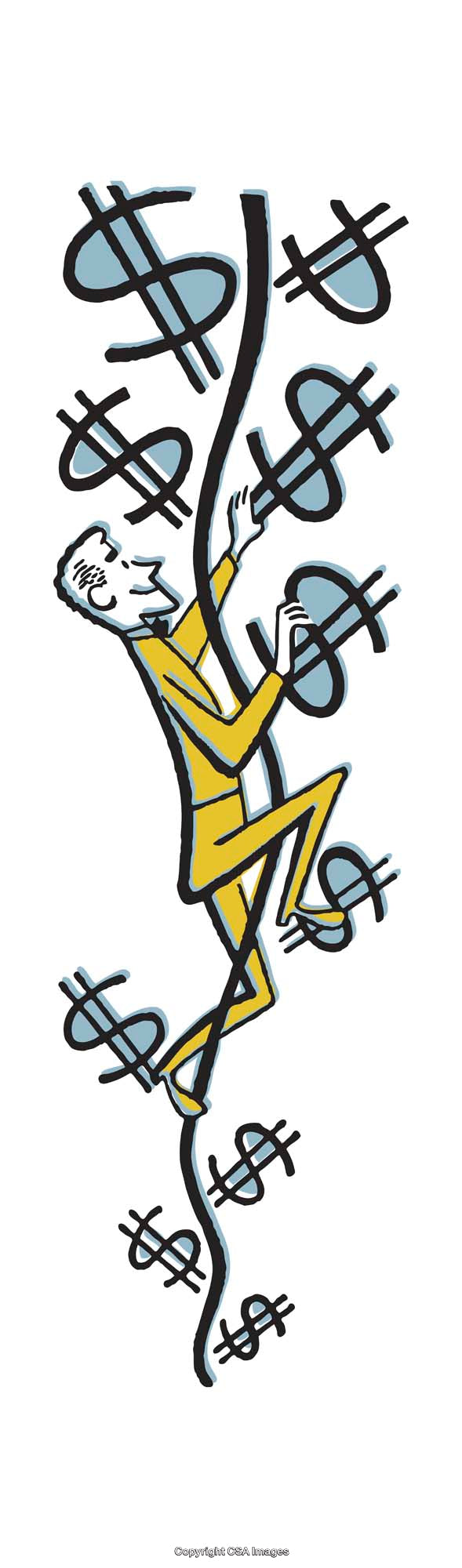 Illustration of a Businessman Climbing a Rope of Dollar Signs